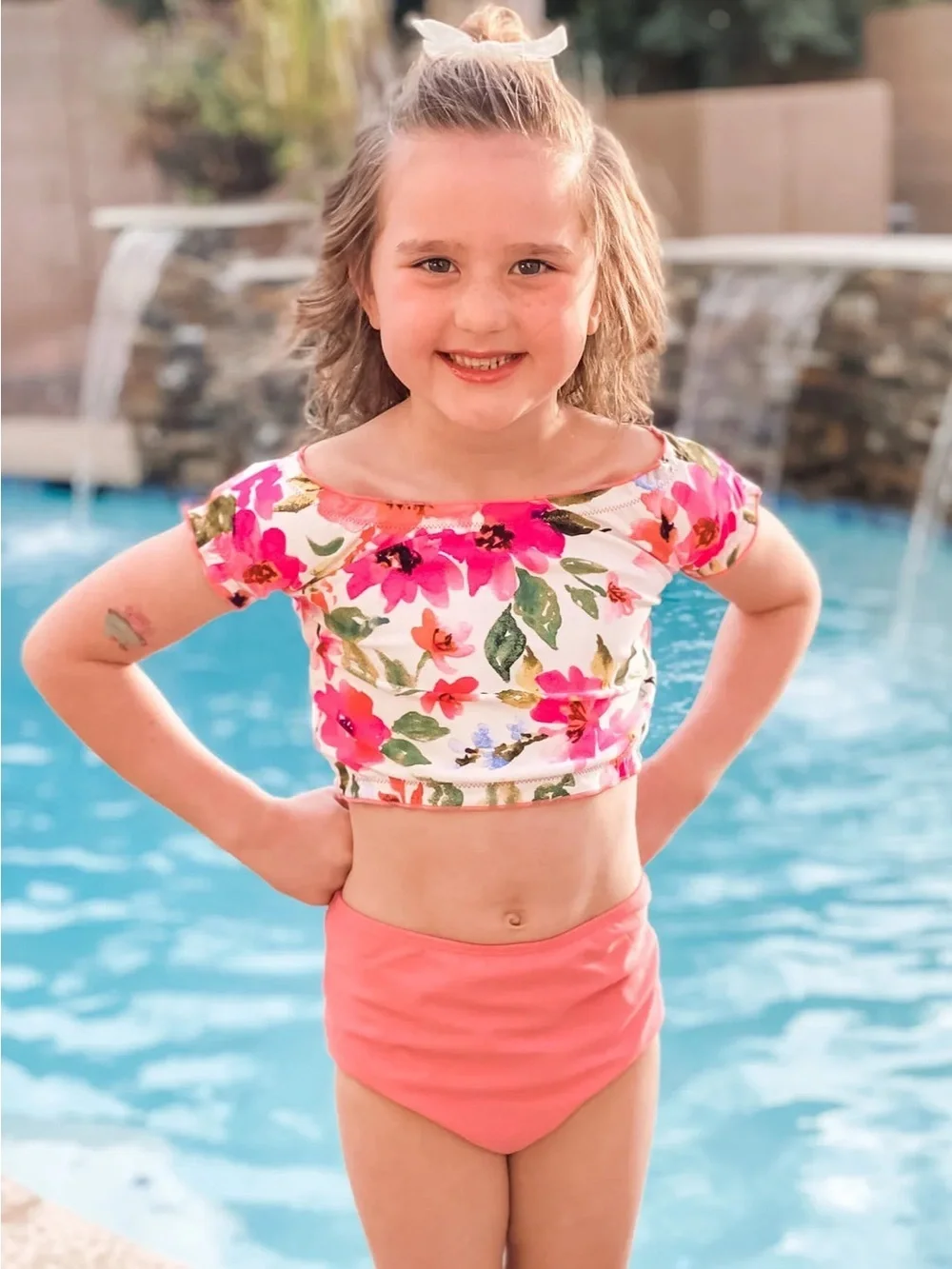 Coral Reef Teal Pink Reversible Floral Solid High Waisted Ruffle Swim Tankini